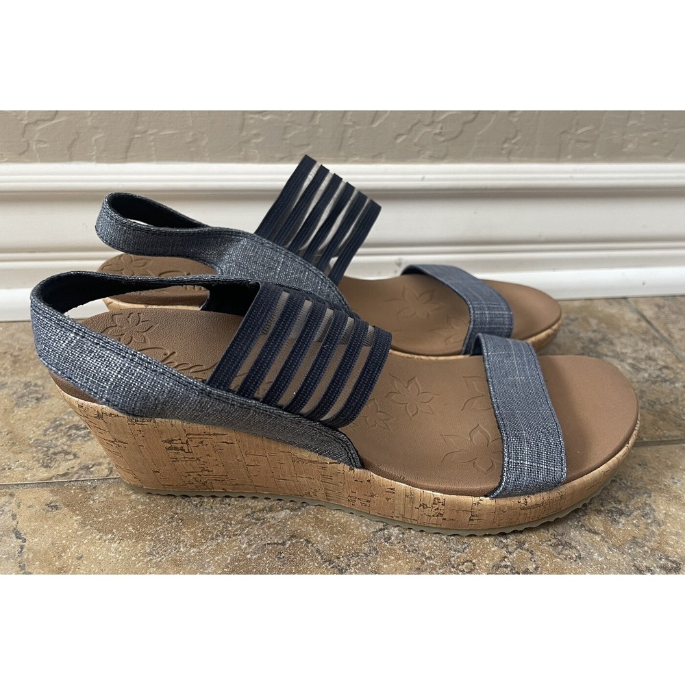 Skechers Cali Womens Sz 10 Sandals Navy Beverlee Smitten Kitten Wedge Cork Heel